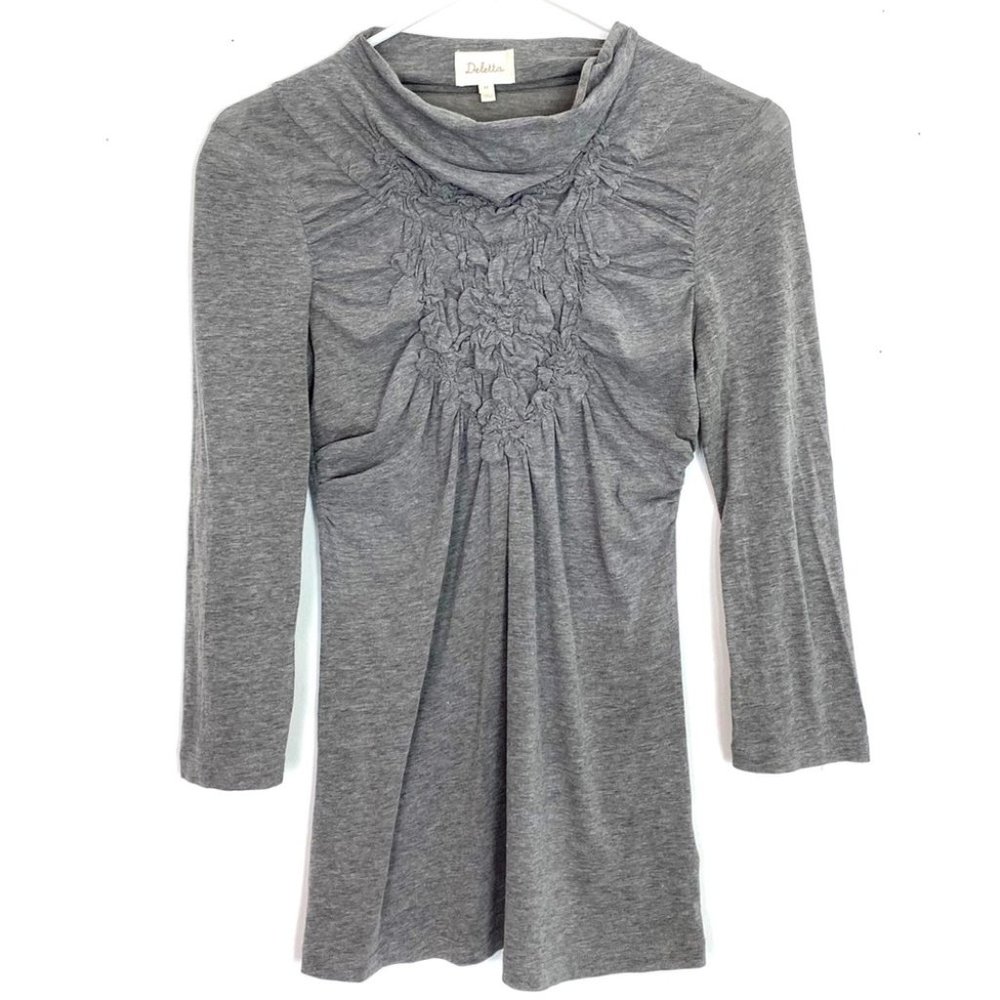 Anthropologie Deletta Gathered Ruched Top Grey Womens Size XS Soft Knit Mockneck